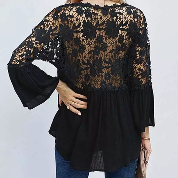 SOLD OUT Black Boho Crochet Lace Button Up Blouse Top - Picture 3 of 5